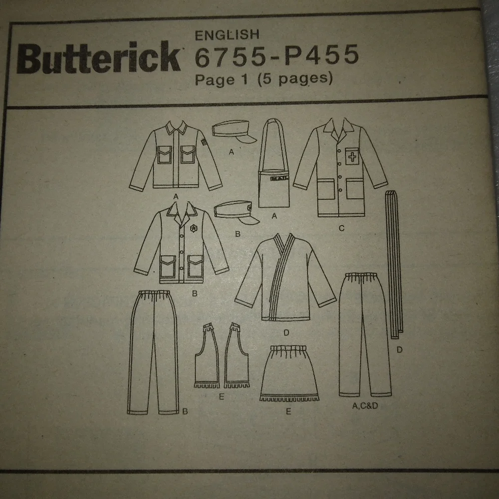BUTTERICK 6755 Sz 6-8 Kids' costumes Doctor Karate Police  Cowboy/girl